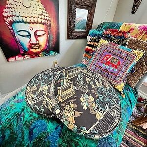 Pair of Round Black with Asian Motif Sitting Pillows (2pcs)